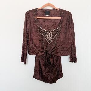 Y2K j.t.b Top Beaded Sheer Cami Cardi Set Brown Size S Witchy‎ Whimsigoth Fairy